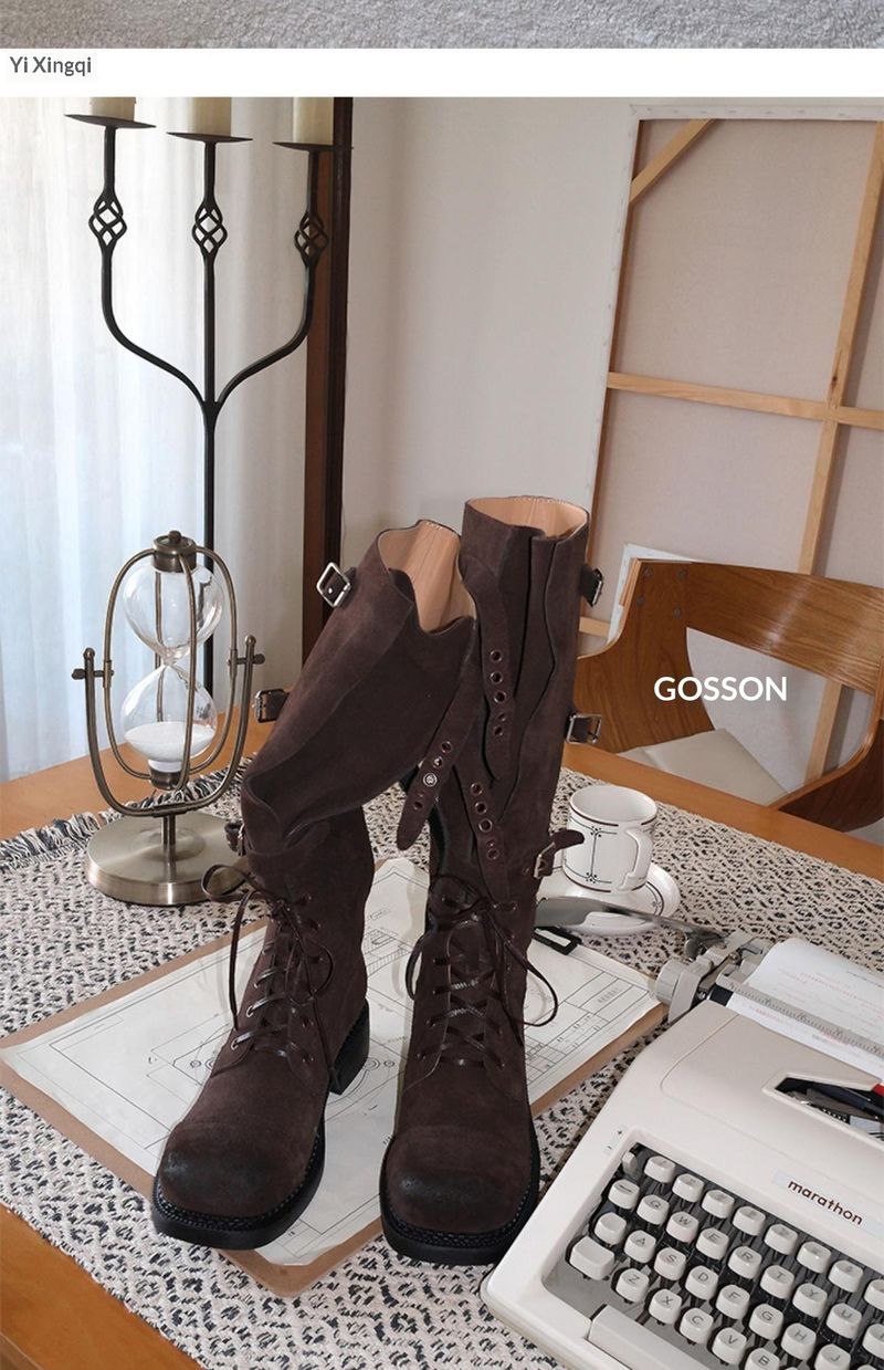 Voyage Rindsleder-Version ~ Lange Stiefel aus echtem Leder für Damen, neuer Herbst- und Winterstil, Schnürstiefel mit hohem Schaft, eckige Zehenschnalle_voghion.com