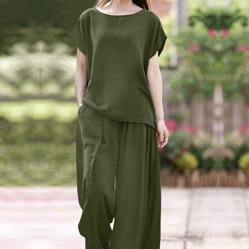 Ensemble 2 pièces pour femmes, chemise à manches courtes et pantalon large à la mode, vêtements de sport amples_voghion.com