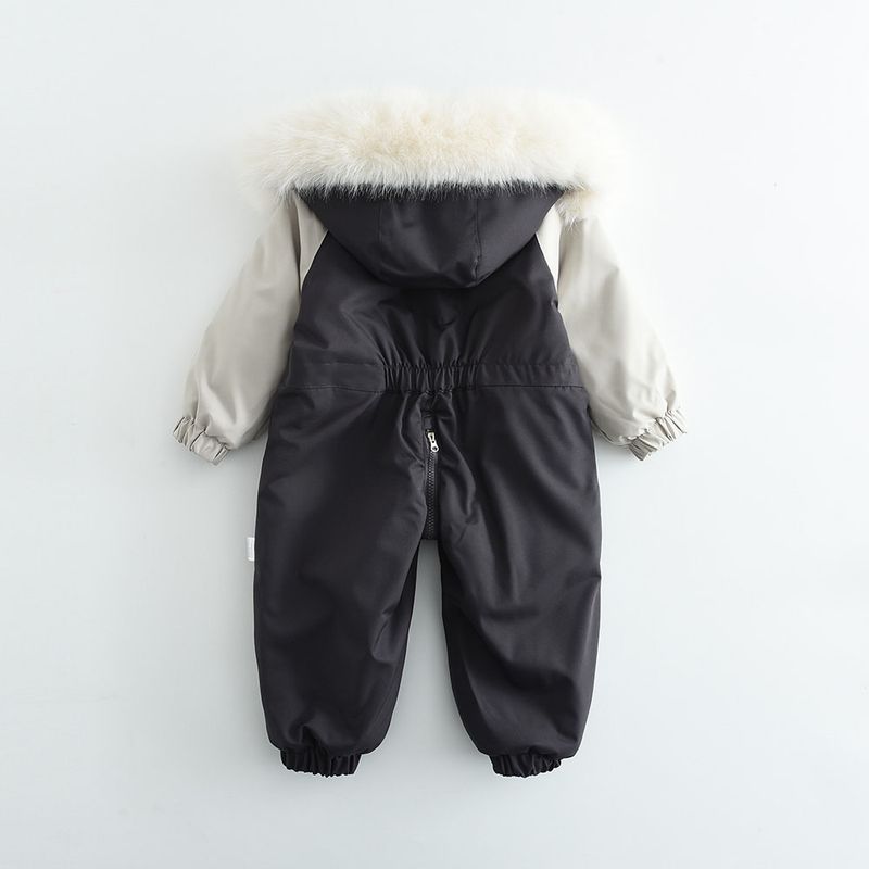 Ropa para niños Invierno nuevo estilo cuello de piel grande color a juego traje de esquí fino mono traje de gateo para bebé_voghion.com