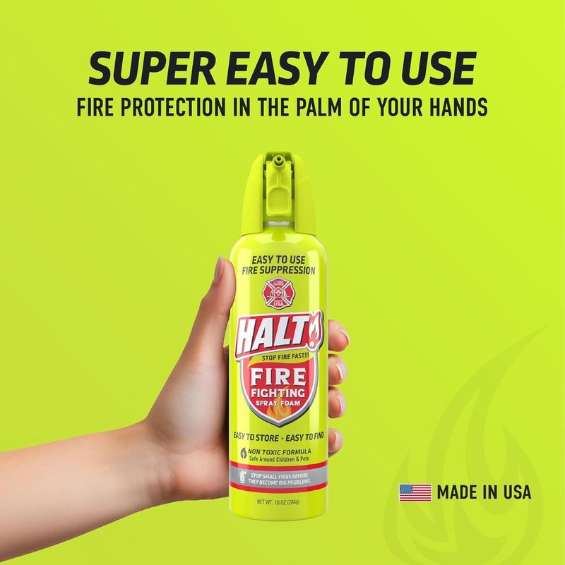 HALT! Handheld Fire Fighting Foam Spray – Non-Toxic, Easy To Use, Store, And Find In Emergency – Compact & Portable – Ideal For Home, Kitchen, Apartment, Car, BBQ, Tailgate – Made In USA (Single Pack)_voghion.com