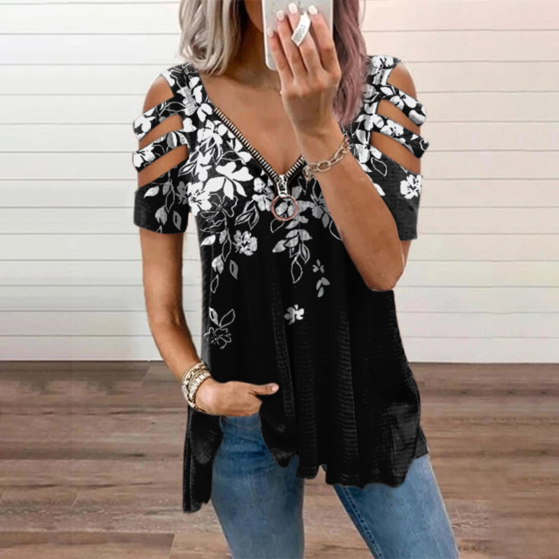 Nuova camicetta estiva da donna con spalle scoperte, stampa leopardata, cerniera, scollo a V, casual, ampia, primaverile, sexy, nuova camicetta da donna_voghion.com