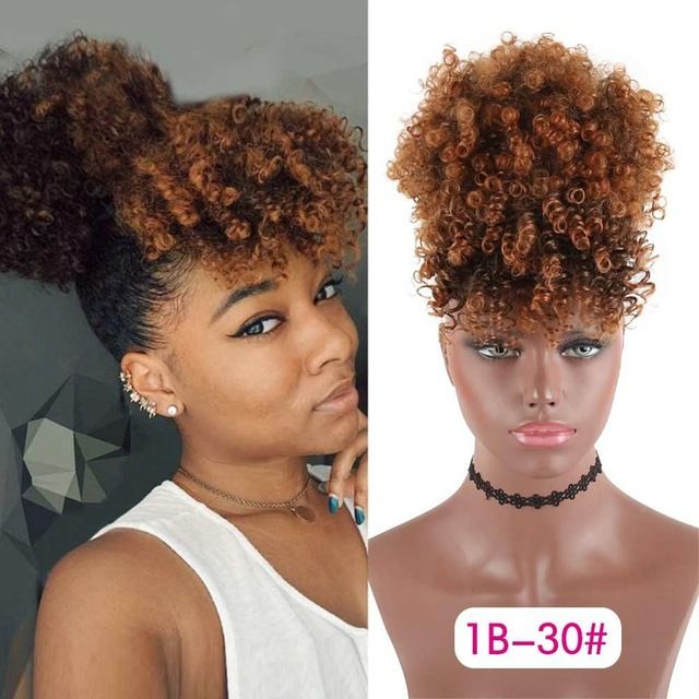 Zwarte korte kinky krullende chignon met pony Synthetische haarknot Trekkoord paardenstaart Clip in Afro Puff haarstukken voor vrouwen_voghion.com