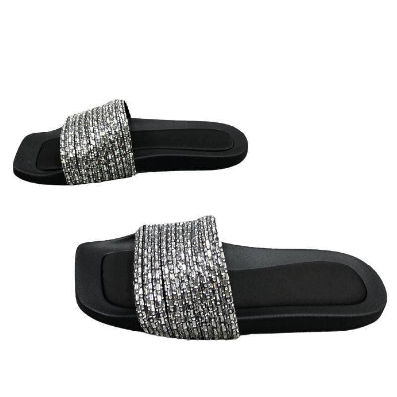 2025 Summer New Women's Shoes Open Toe Flat Rhinestone Strap Outdoor Slip-On Simple Sandals For Women_voghion.com