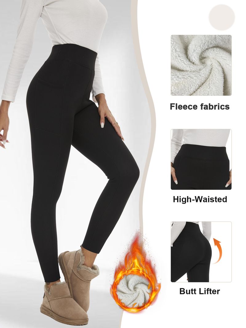 Leggings a vita alta con fodera in pile spesso e tasche – Pantaloni da yoga caldi ed elastici per donna (nero, blu navy, rosso vino, grigio scuro)_voghion.com