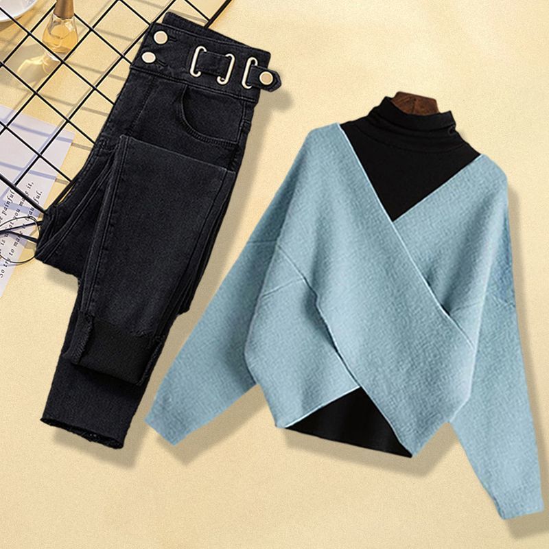 Women's Clothing Large Size Women's Autumn And Winter Suits New Red Knitted Sweater Women's Slim Jeans Two Piece Suit_voghion.com