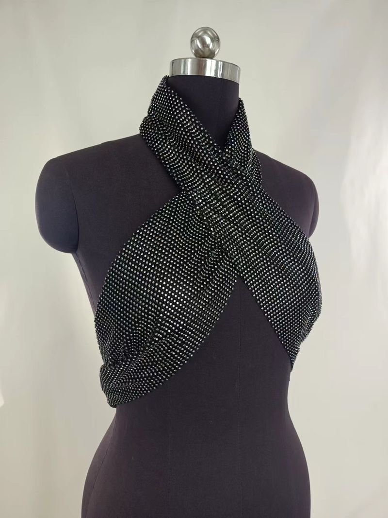 Sexy rhinestone inset diamond cloth hanging neck wrap chest top stitching skirt suit_voghion.com