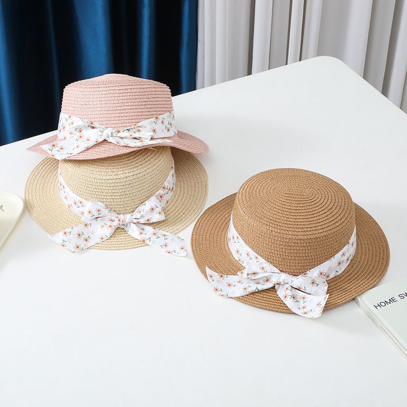 Cappello da pescatore con fiocco in paglia, protezione solare estiva per genitori e figli, con parasole piatto per bambini, set di borse, alla moda_voghion.com