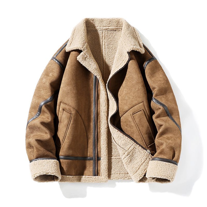 Suède heren trendy merk fleece gevoerde dikke schapenvacht jas losse pasvorm grote maat omslagkraag buiten katoen_voghion.com