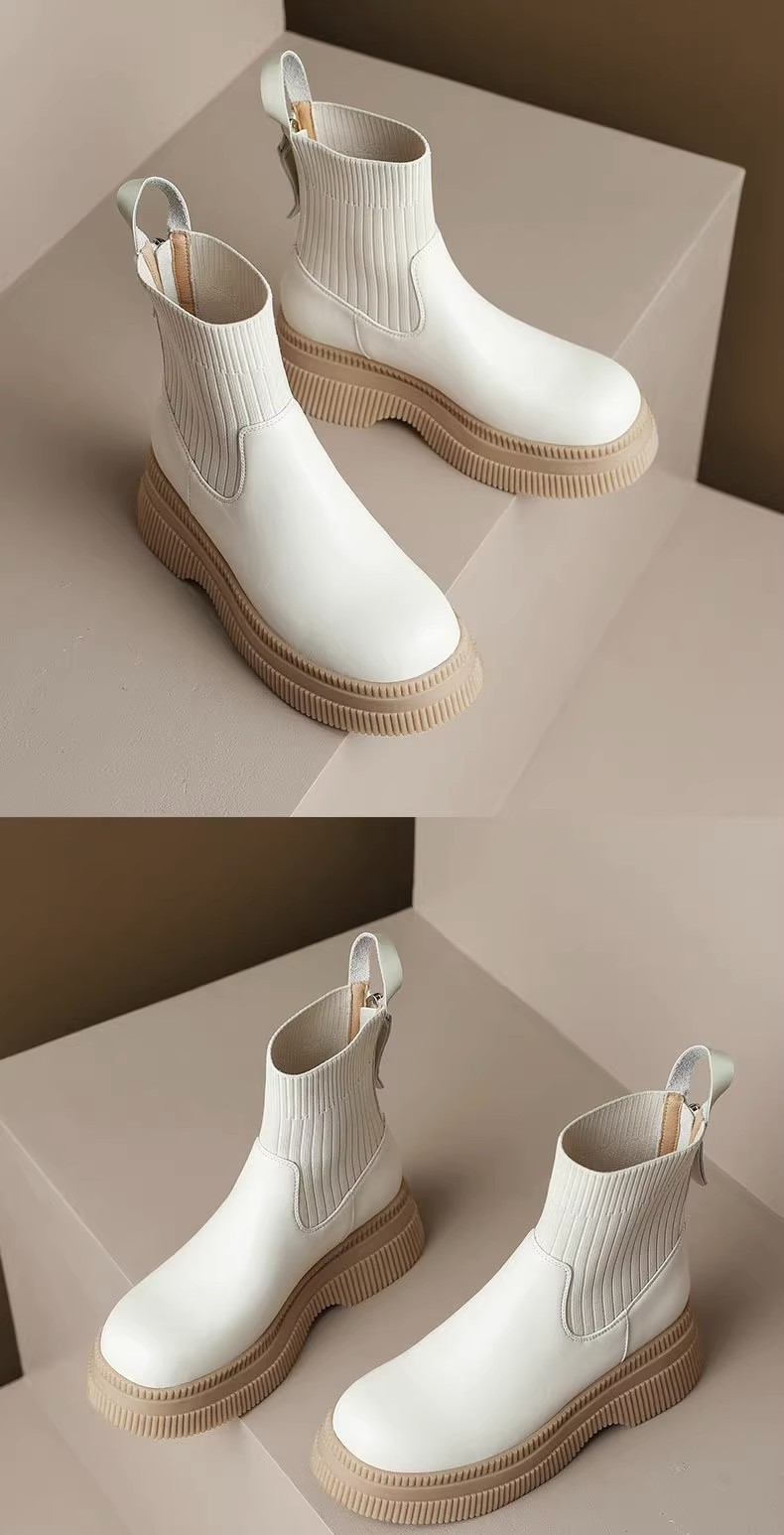 Thick Soled Short Boots Soft Leather New Round Head Autumn And Winter British Style Zipper All Match Heightened Socks Boots Knitted Casual_voghion.com
