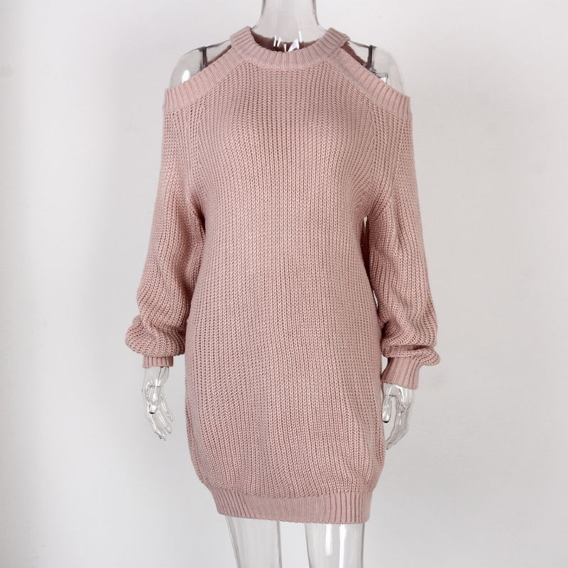 Abito casual ampio in maglia a maniche lunghe con spalle scoperte, stile Ins, autunno inverno, moda donna_voghion.com