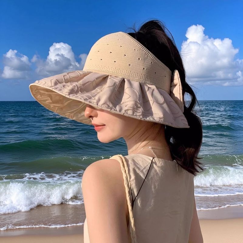 Cappello da sole da donna con protezione UV, per le vacanze al mare, con possibilità di annodare la coda di cavallo, cappello a cilindro vuoto, versatile cappello da sole con tesa larga_voghion.com