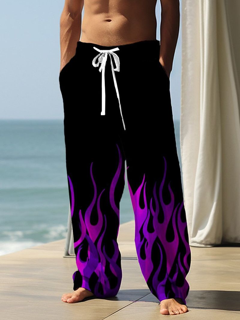 Pantalon de sport décontracté pour hommes printemps et automne tube droit ample double poche cordon de serrage avec imprimé flamme nouveau style_voghion.com
