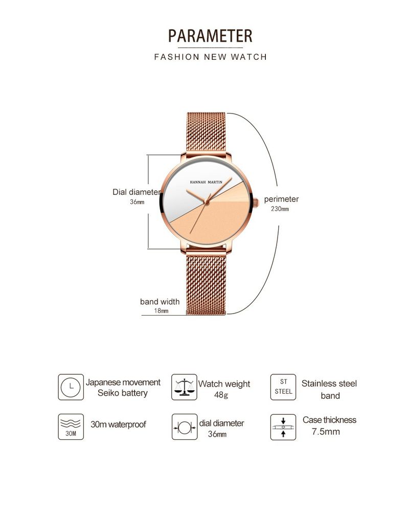 Relógio minimalista feminino com movimento de quartzo japonês, resistente à água, mostrador redondo elegante, pulseira de aço inoxidável, relógio moderno e criativo_voghion.com