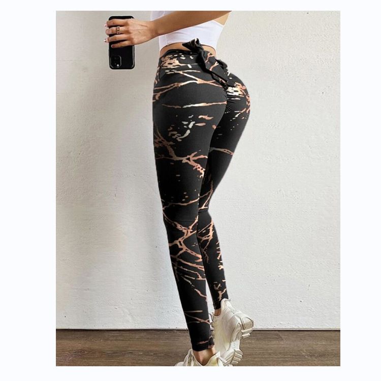 Pantaloni da yoga da yoga da donna con stampa multicolore antirughe sull'anca, dimagranti a vita alta, con fiocco elasticizzato_voghion.com