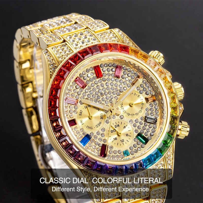 Missfox - Gouden herenhorloge, regenboogdiamanten wijzerplaat, chronograaf met drievoudige wijzerplaat, waterdicht, sportief, elegant_voghion.com