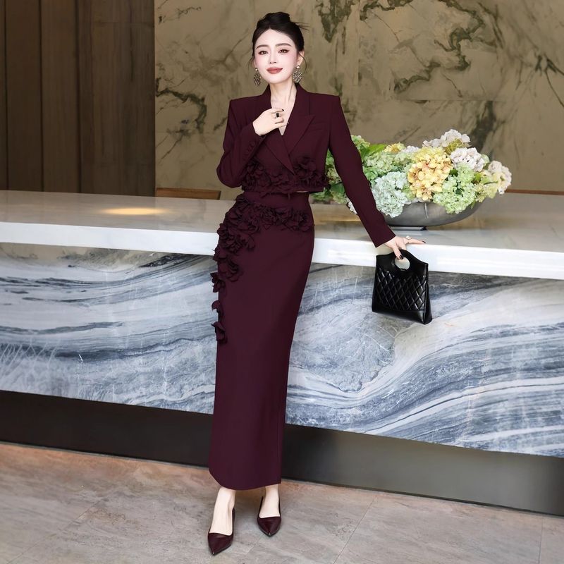 Eleganter, leichter Business-Anzug für Mädchen, Herbst 2025, aufwendig gearbeitet, mit dreidimensionalem Blumenmuster, Blazer und Rock_voghion.com