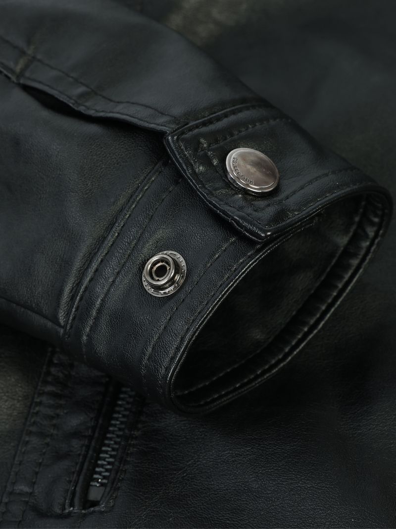 Men's Slim Fit PU Leather Biker Jacket With Multiple Zippers, Stand Collar, Winter Motorcycle Riding Jacket For Teens & Young Adults_voghion.com