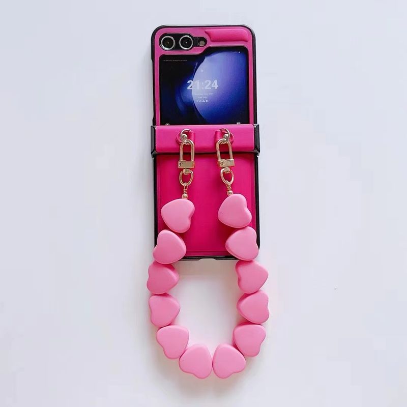 For Samsung Galaxy Z Flip 3 4 5 5G Flip4 Cute Heart Wrist Chain Candy Color Leather Phone Case_voghion.com