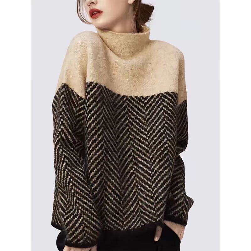 Moda avanzata con blocchi di colore a strisce, nuovo articolo giovane ed elegante per autunno inverno, collo semi alto, maglia spessa e calda_voghion.com