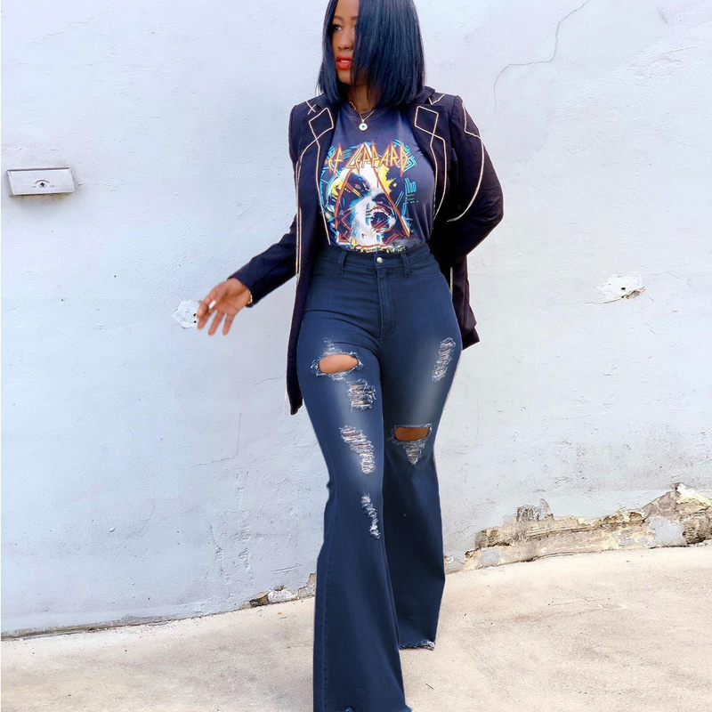 Modische Damenbekleidung mit weitem Bein, ausgewaschener, zerrissener Denim-Stretch-Schlaghose_voghion.com