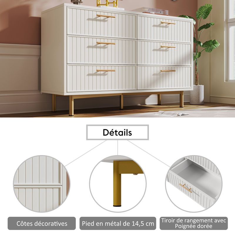 Commode 6 tiroirs, meuble haut blanc pour chambre et salon, 75 x 120 x 40 cm_voghion.com