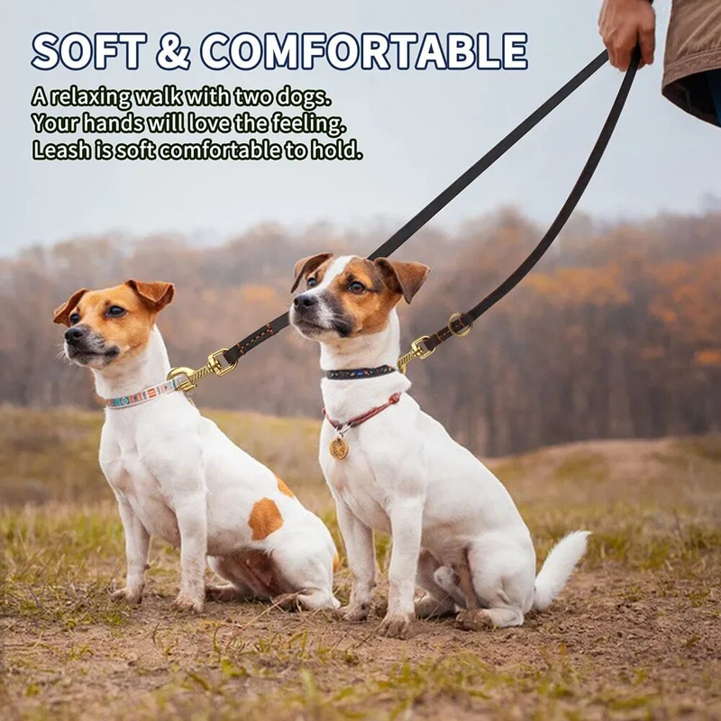 Coleira dupla multifuncional de couro real, forte e macia, ajustável, mãos livres, crossbody, para todos os cães_voghion.com