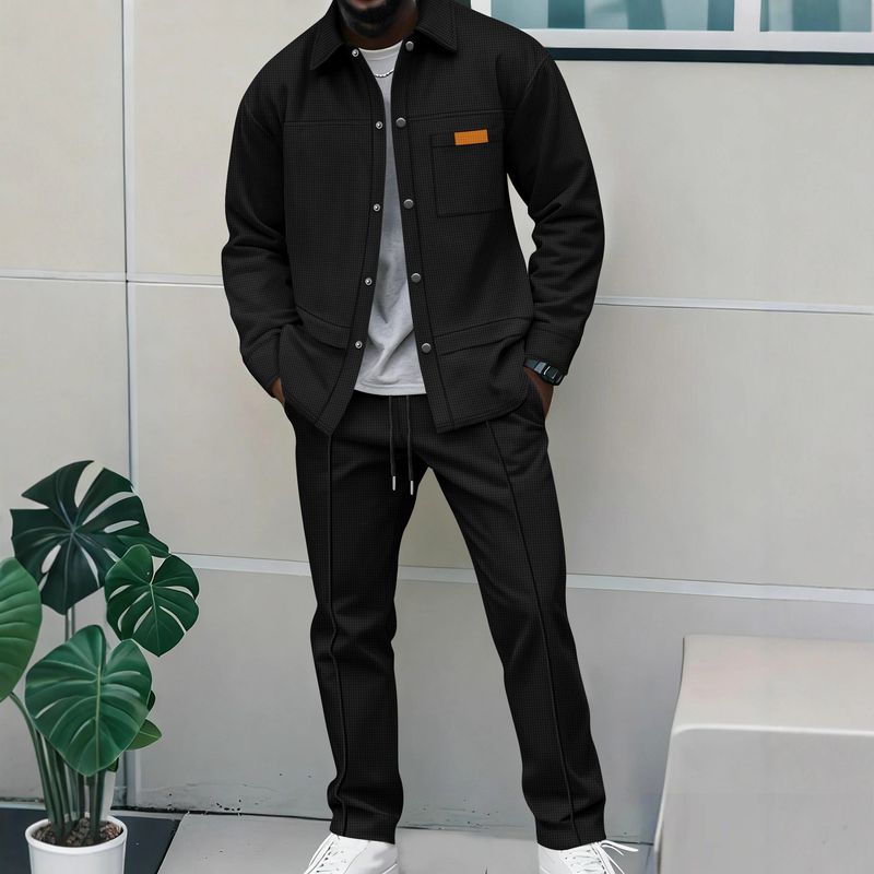 Herren-Anzugset mit langärmeligem Waffelstrickhemd und Hose – Slim Fit-Herbstoutfit mit Button-Down-Kragen und Taschen_voghion.com