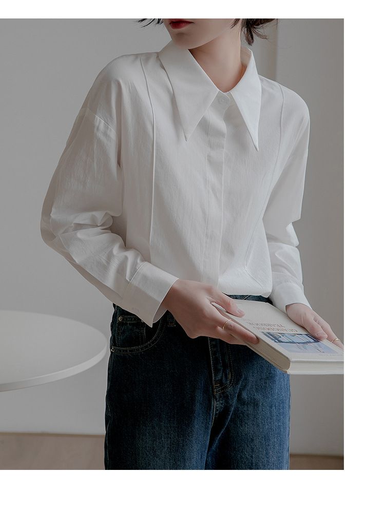 2025 Nvyis2025 Primavera Colletto a punta Un top in stile francese di nicchia, camicia casual ampia per donne con maniche lunghe_voghion.com