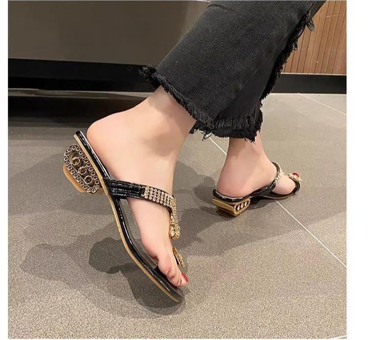 Pantofole da donna con tacco grosso, eleganti e alla moda, con strass, stile di design, per l'estate 2025, nuove infradito da spiaggia e da esterno._voghion.com