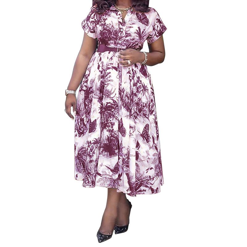 Women's Clothing Large Size Women's Printed Stand Collar Belt Dress_voghion.com