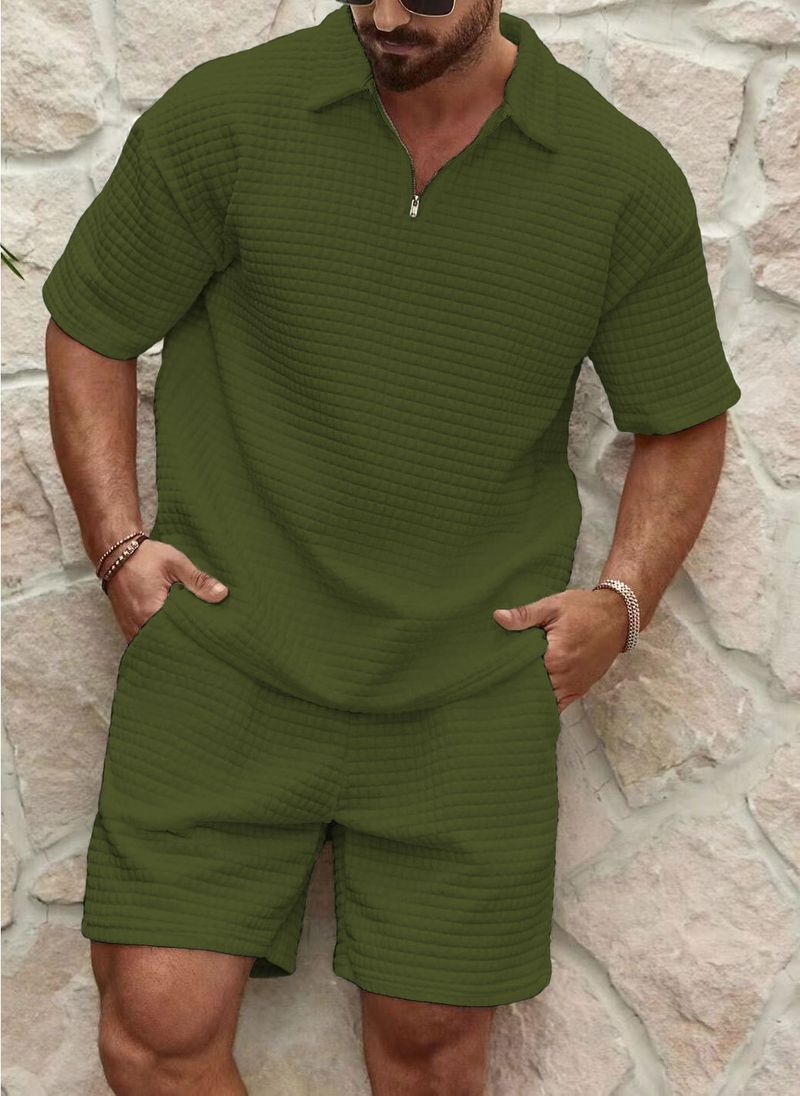 Herrenbekleidung Casual Trend Mode Bequem Waffel Einfarbig Revers Hemd Sportanzug_voghion.com