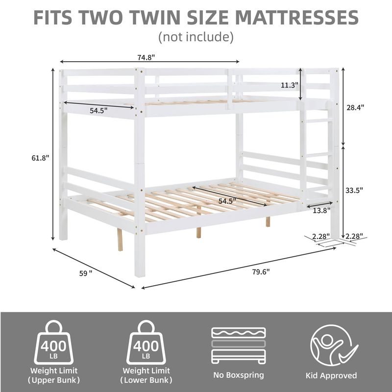 Full Over Full Bunk Bed With Thick Posts,Wooden Bunk Bed With High Guardrail And Ladder For Kids, Teens, Dorm Rooms, And Guest Rooms,No Box Spring Needed,White_voghion.com