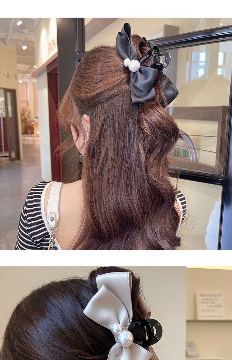Haarspange mit Schleife, Temperament, Perle, große Schleife, Premium-Haifisch-Clip, Kopfbedeckung, Haarnadel am Hinterkopf einer Frau_voghion.com