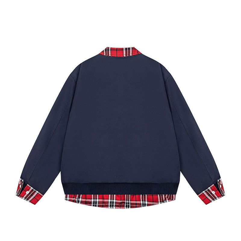 National Trend Brand Heavy Craft Design Layered Two-Piece Color-Block Plaid Zipper Oversize Cardigan Jacket_voghion.com