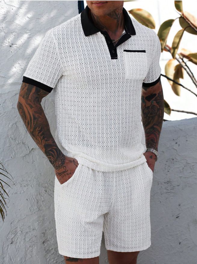 Men's Hollow Color Matching Short Sleeved Shorts Casual Sports Suit_voghion.com