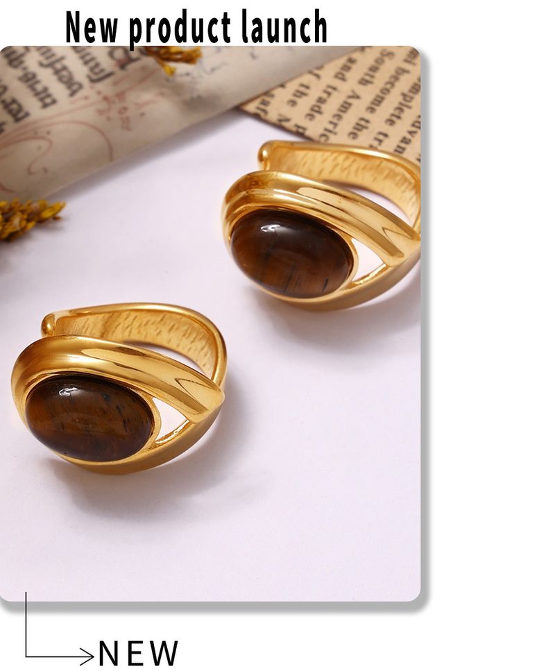 Vintage natural tiger's eye stone C-shaped earrings open ring women's set_voghion.com