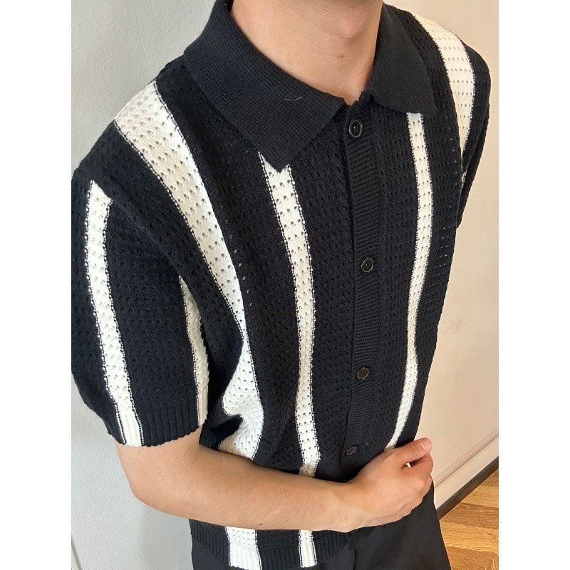 Maglione lavorato a maglia a righe verticali retrò da uomo, con risvolto, manica corta_voghion.com
