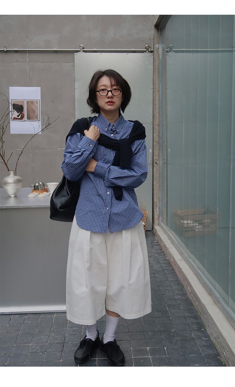 Shijian Intellectuals Miu Series Πουκάμισο με Πλατφόρμα και Σχέδιο, Απλό, Χαλαρό Σιλουέτα, Μακρυμάνικο Μπλούζα, Μοντέρνο 00159_voghion.com