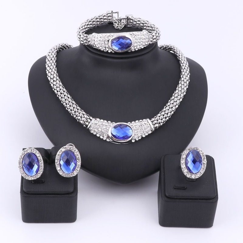 Feestaccessoires voor dames Bruiloft Blauwe edelsteen hanger kristallen ketting oorbel armband ring sieradensets_voghion.com