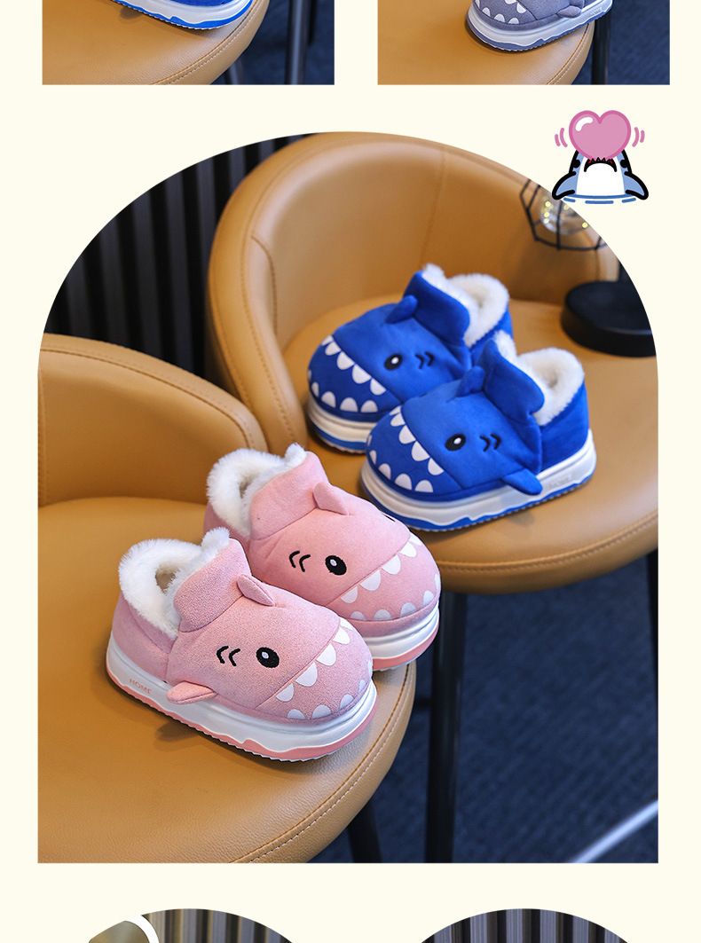 Pantofole per bambini per ragazzi in inverno 2024, nuovo antiscivolo carino squalo bambina con tacco a sacco in peluche e caldo cotone_voghion.com