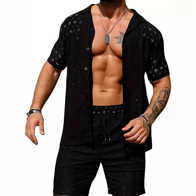CT 2025 New Casual Men's Hollow Out Solid Color Shirt With Turn-down Collar Short Sleeve Top And Drawstring Shorts_voghion.com