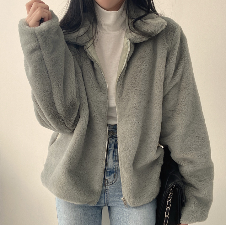 Women's lapel zipper plush feeling loose and versatile short style thickened long-sleeved coat for women_voghion.com
