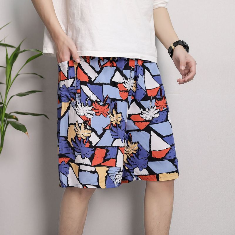 Men's Sleep Cotton silk pajama pants men's thin plus-size casual breathable flower pants five quarter pants_voghion.com