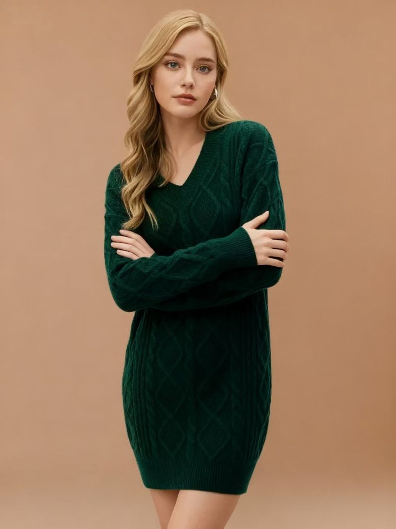 Vestito casual da donna in maglia a trecce, in tinta unita, con scollo a V, di media lunghezza, autunno inverno 2025_voghion.com