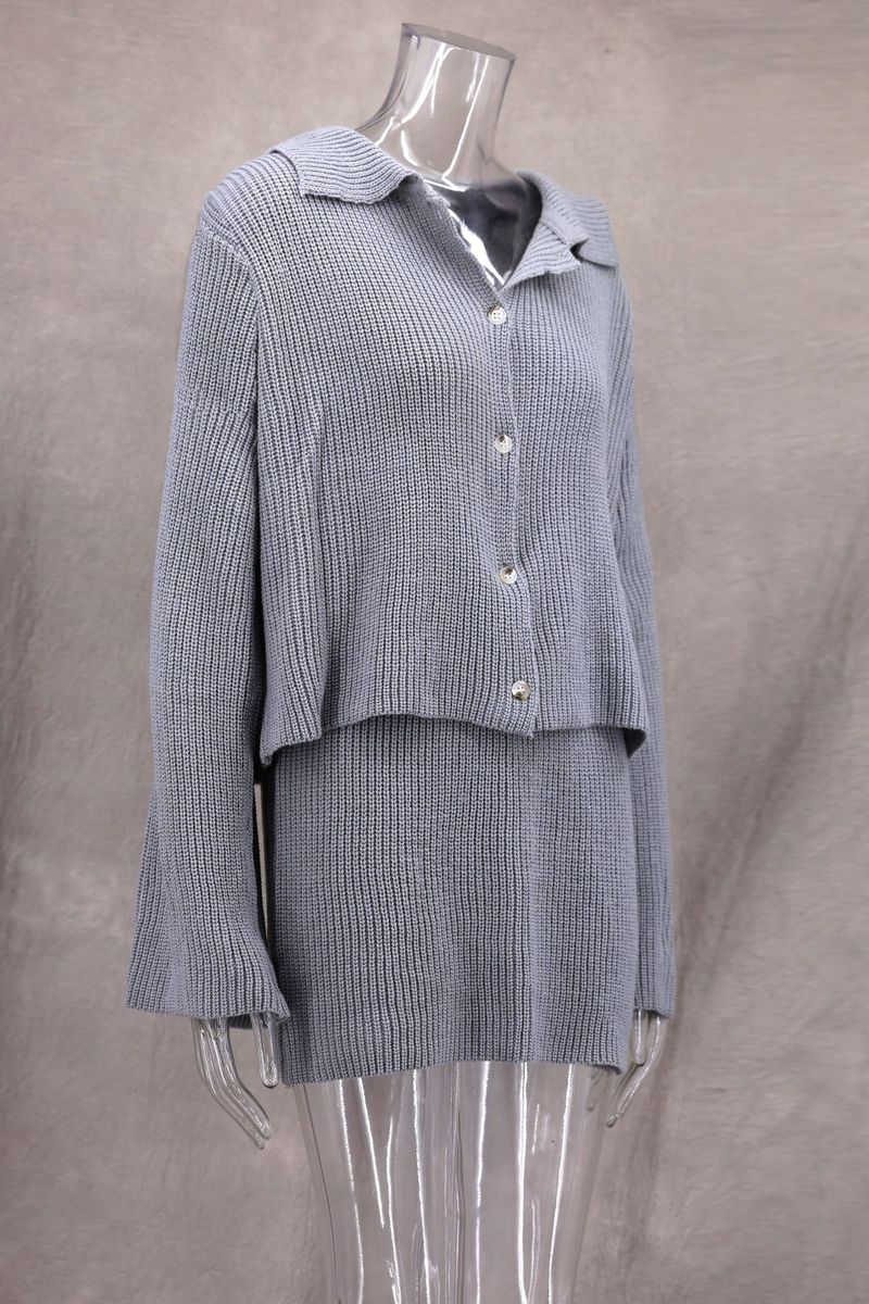 Trendy Rib-Knit Sweater Dress Set With Flared Sleeves & Notched Collar - Autumn/Winter Matching Outfit (Grey/Ivory/Angora Red/Brown)_voghion.com