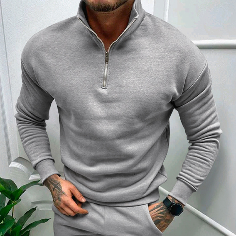 Men's casual plush solid color long sleeved half zippered standing collar fleece hoodie without a hat for autumn and_voghion.com