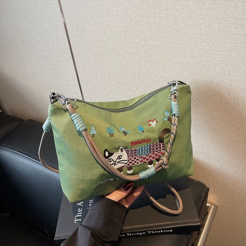 Heavy Embroidered Cat Nylon Tote For Women, Casual Outdoor Commuter Crossbody Bag, Versatile Shoulder Bag_voghion.com