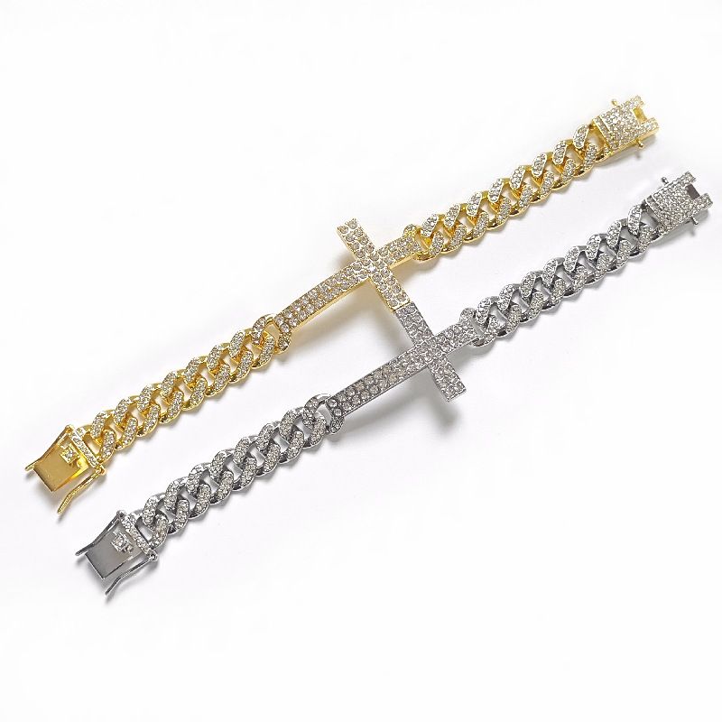 Hip Hop Diamond-Studded Cross-Shaped Chain For Men Trendy Cool Style Cuban Bracelet_voghion.com