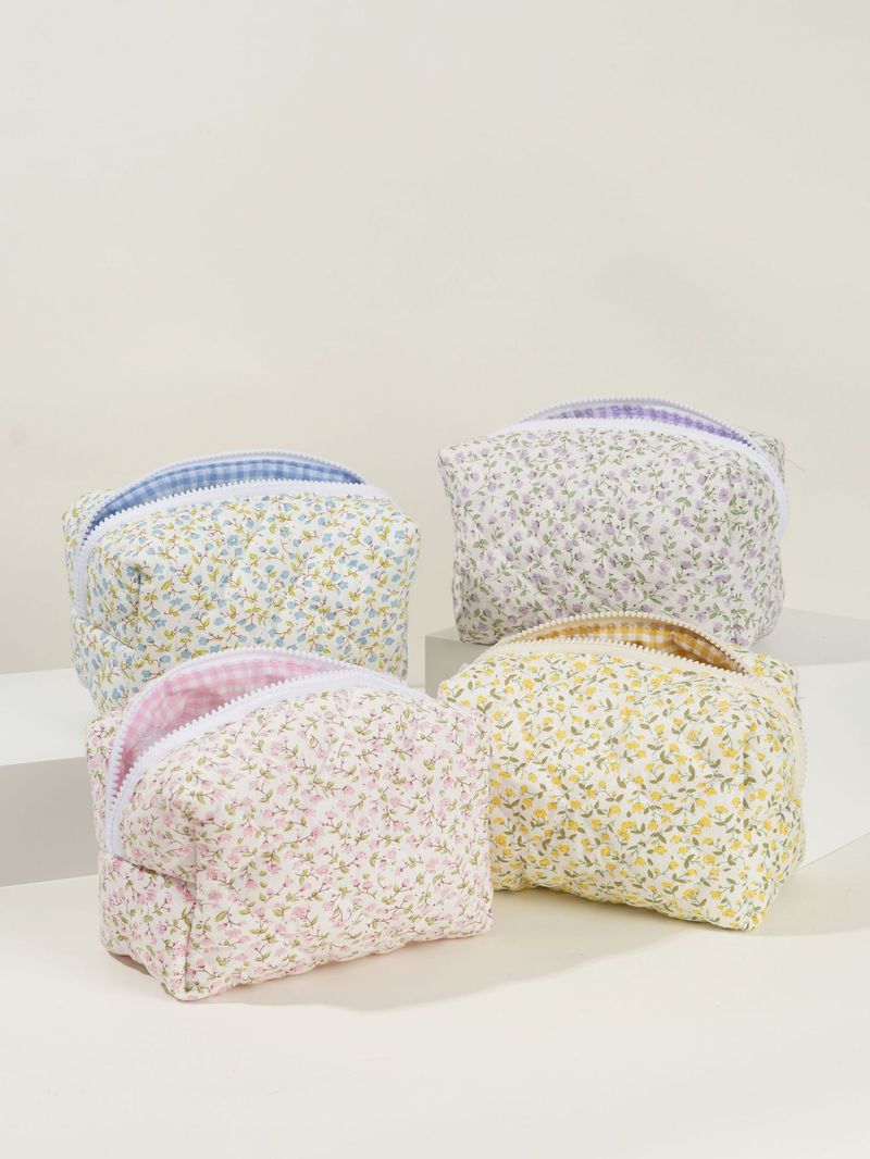Floral Quilted Cosmetic Bag Large Capacity Cotton Storage Toiletry Bag Pencil Case Plaid Embroidery Ins Ladies_voghion.com