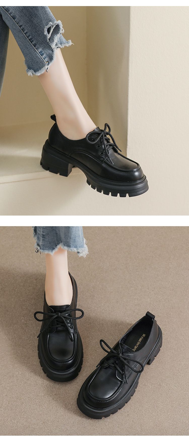 Scarpe da donna in pelle con suola spessa, stile college, piccole scarpe da uomo con lacci che aumentano l'altezza, scarpe singole da donna_voghion.com